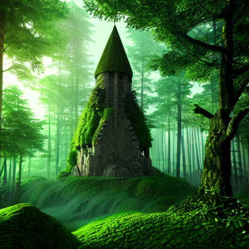 Stable Diffusion prompt: lush green forest, wizard tower ...