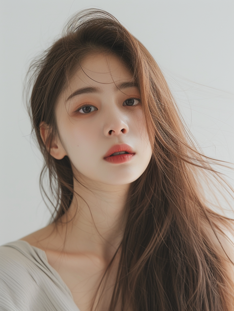 صورة مولدة بالذكاء الاصطناعي: Midjourney prompt: long hair of Korean beautiful girl, plain backgrou... (نموذج Midjourney - صور شخصية)