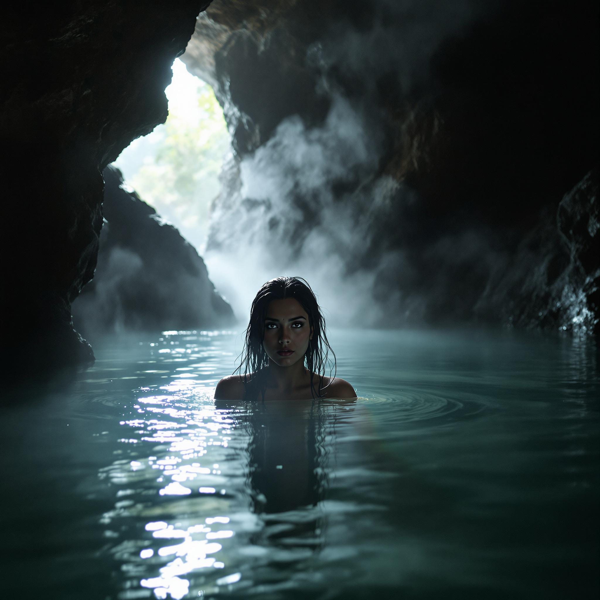 صورة مولدة بالذكاء الاصطناعي: FLUX prompt: hot spring inside a dimly lit cave, steam rises fr... (نموذج FLUX - صور شخصية)