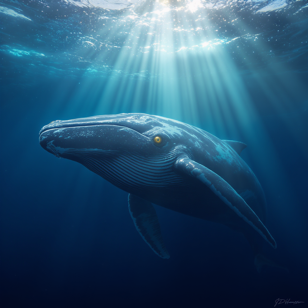FLUX prompt: A colossal blue whale, with golden eyes of w...