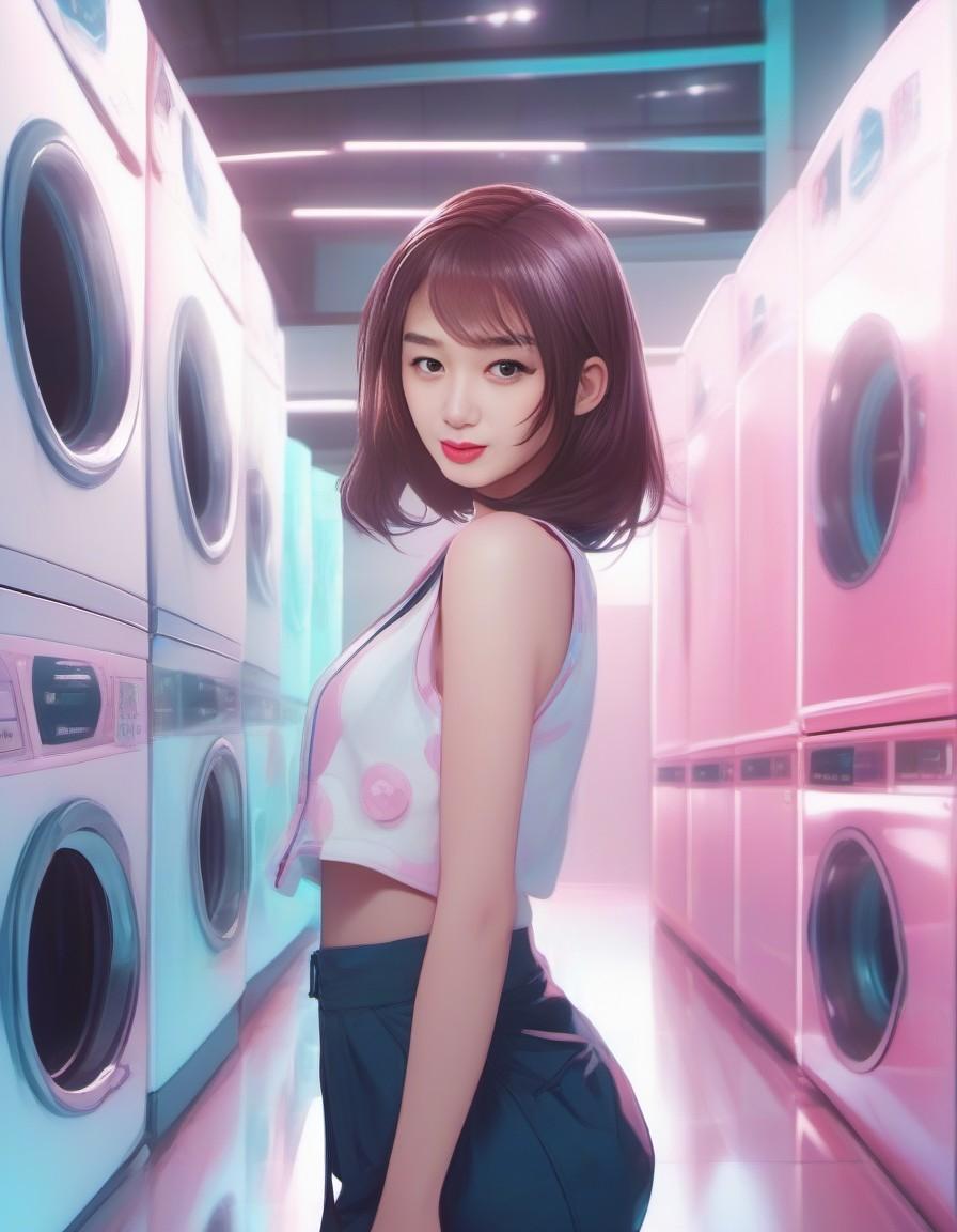 Deliberate prompt: a woman standing in front of a row of washing mach... - Deliberate