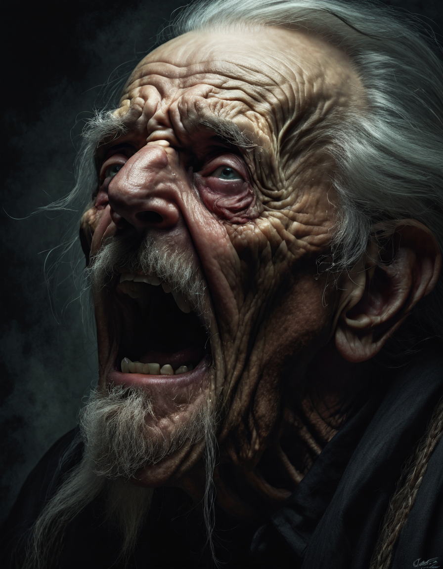 صورة مولدة بالذكاء الاصطناعي: Stable Diffusion prompt: an old man screams in pain, his face is almost red... (نموذج Stable Diffusion - تصوير فوتوغرافي)