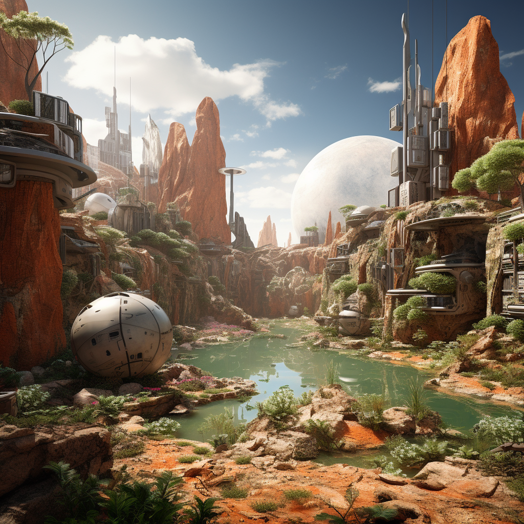 AI generated: Midjourney prompt: a green city with other planets, in the style of e... (Midjourney - Landscapes)