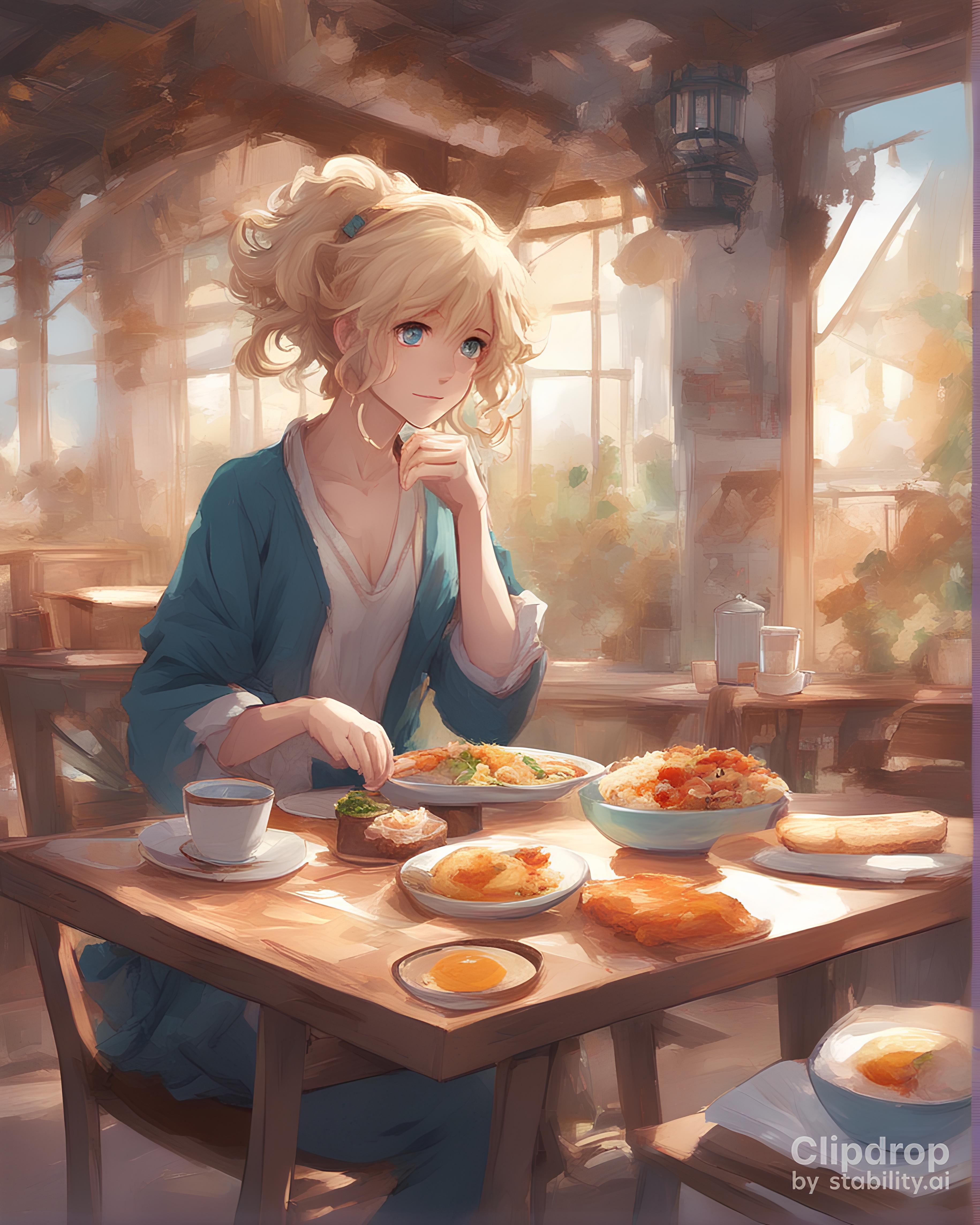 ReV Animated prompt: a woman sitting at a table with a pl...