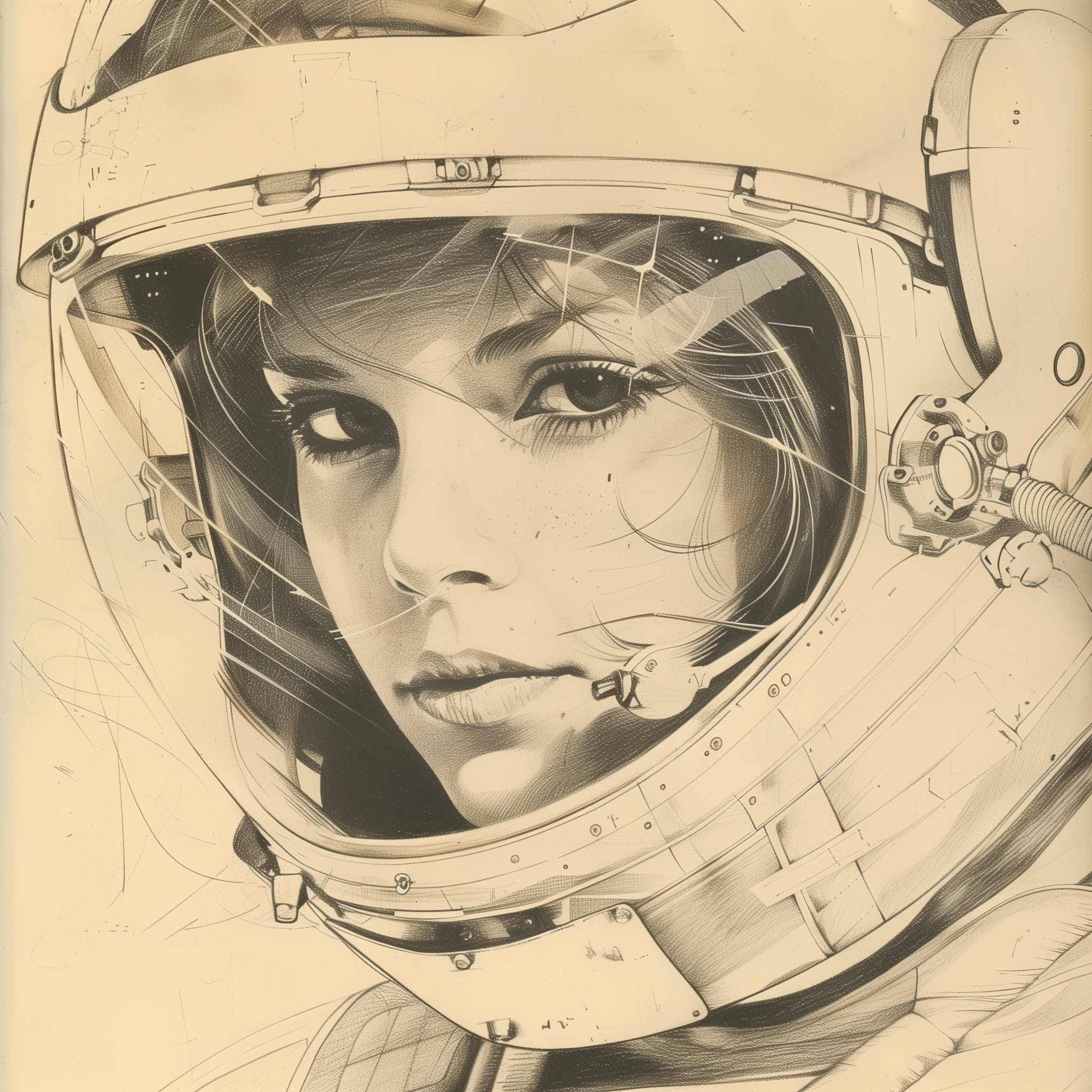 صورة مولدة بالذكاء الاصطناعي: Midjourney prompt: A pencil drawing of an attractive woman in a space... (نموذج Midjourney - Character Design)