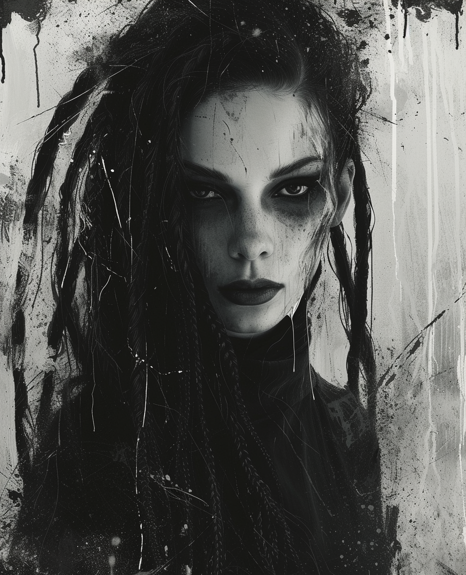 AI generated: Midjourney prompt: a female with fake dreadlocks in black and white, ... (Midjourney - Concept Art)