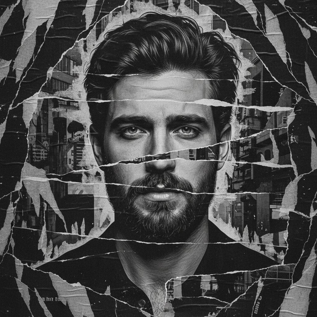 Nano Banana prompt: Distressed, torn poster art of a brooding male fig... - Nano Banana