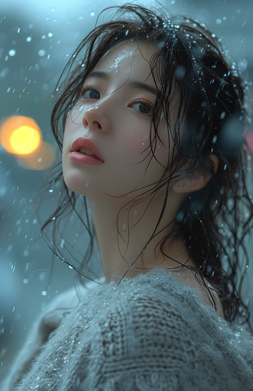 صورة مولدة بالذكاء الاصطناعي: Midjourney prompt: a girl standing in the rain wearing a grey sweater... (نموذج Midjourney - تصوير فوتوغرافي)