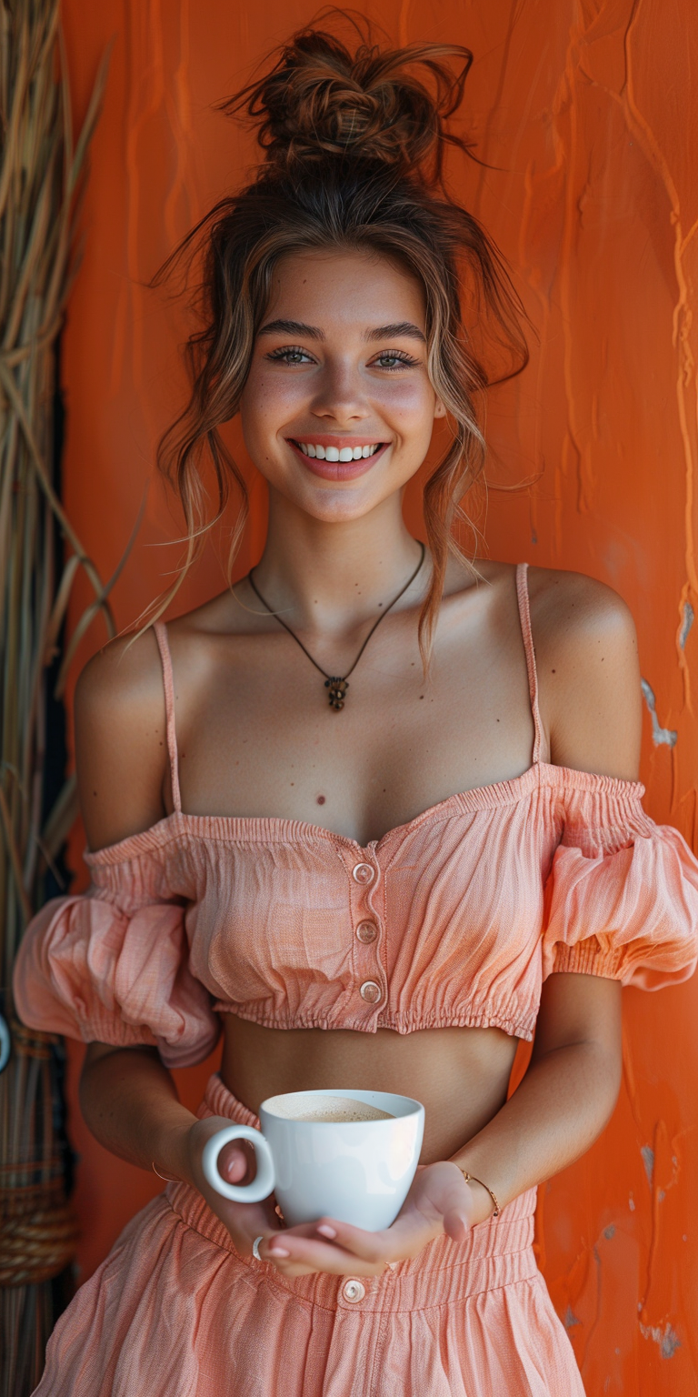 AI generated: Midjourney prompt: A young woman with two buns hairstyle, wearing pin... (Midjourney - Photography)