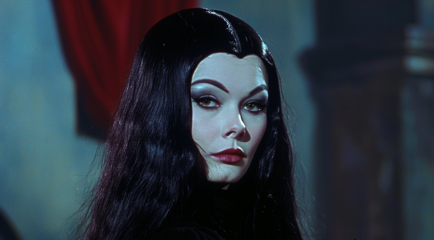 Midjourney prompt: VHS screengrab of the gothic Vampira woman with lo... - Midjourney