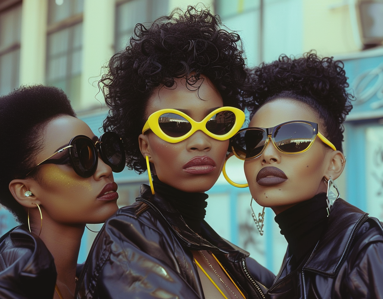 AI generated: Midjourney prompt: three women with yellow sunglasses and a black j... (Midjourney - Fashion)