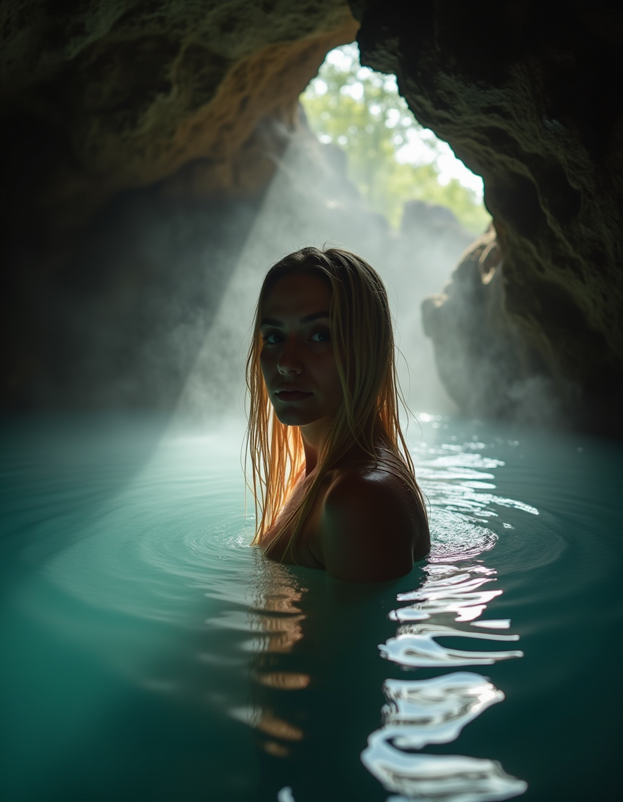 AI generated: FLUX prompt: hot spring inside a dimly lit cave, steam rises fr... (FLUX - Photography)
