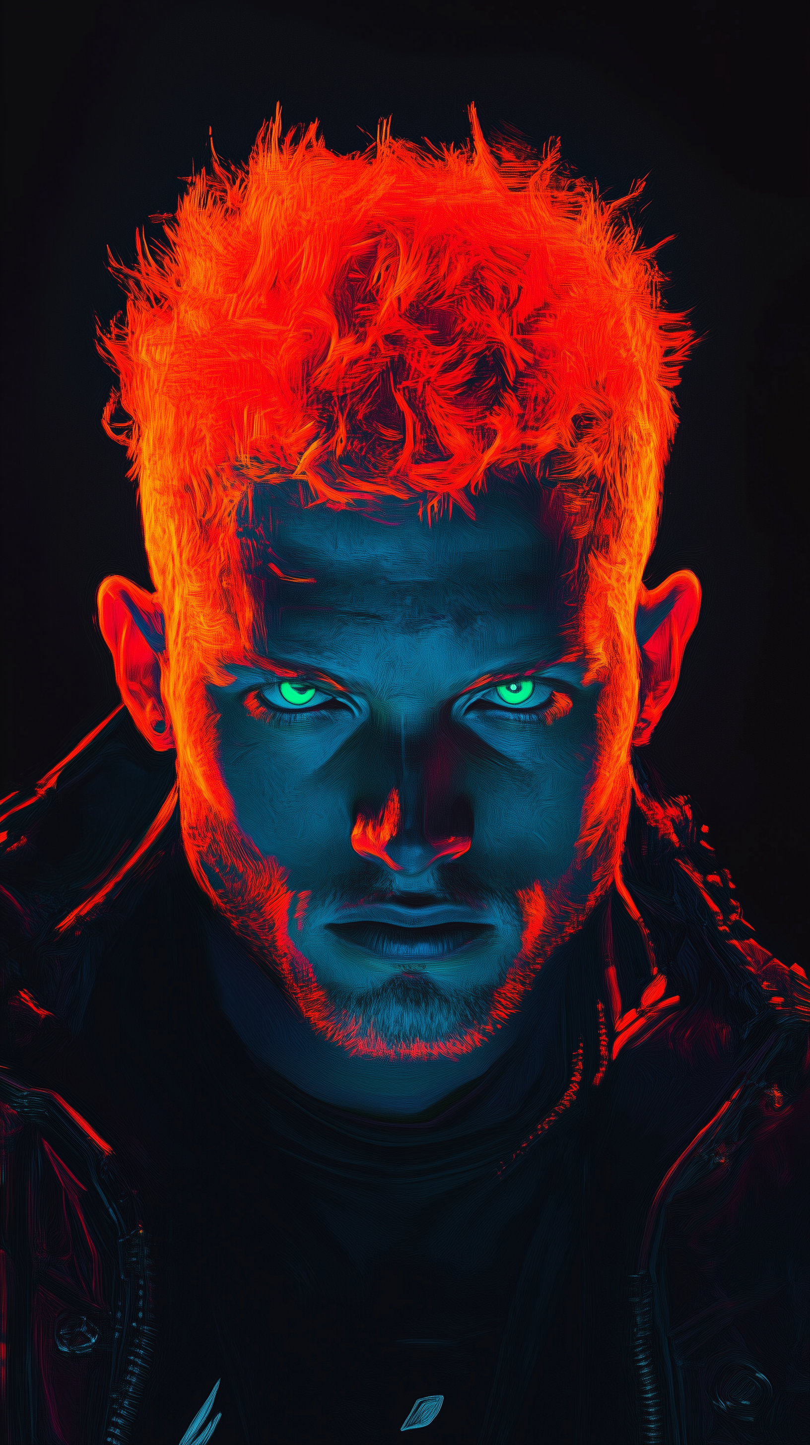 AI generated: Midjourney prompt: digital portrait of a man with neon orange hair, u... (Midjourney - Portraits)