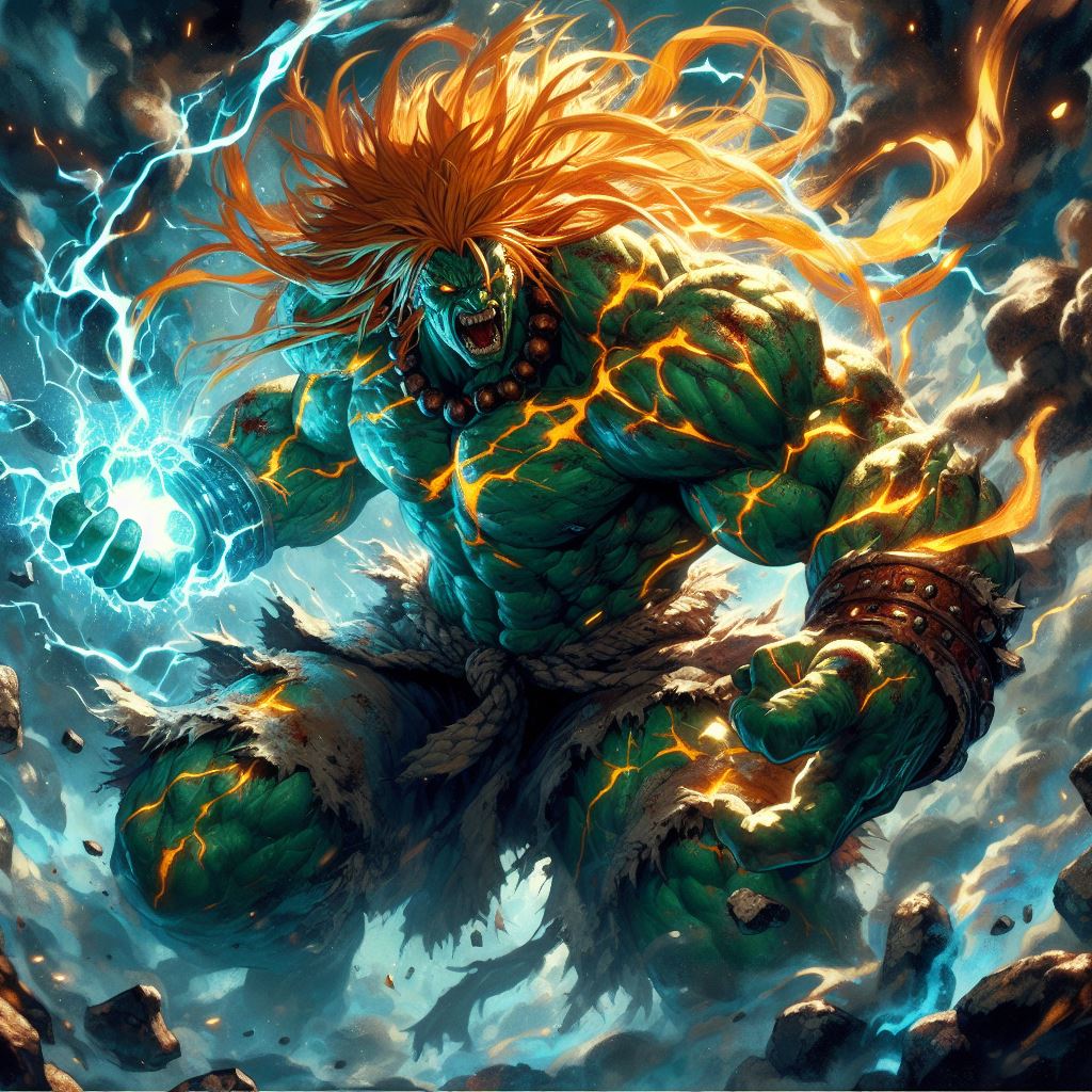 صورة مولدة بالذكاء الاصطناعي: DALL·E prompt: Blanka from street fighter, beast, fighting at war... (نموذج DALL·E - Character Design)