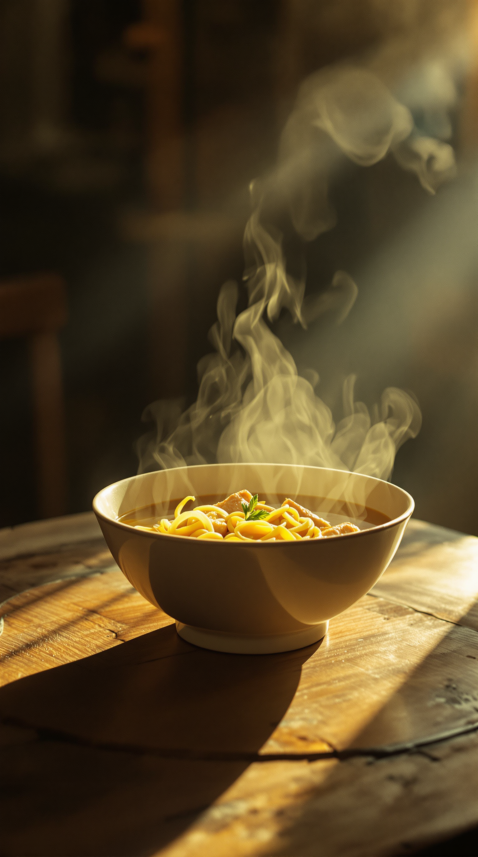AI generated: FLUX prompt: Steaming bowl of chicken noodle soup on a worn, w... (FLUX - Photography)