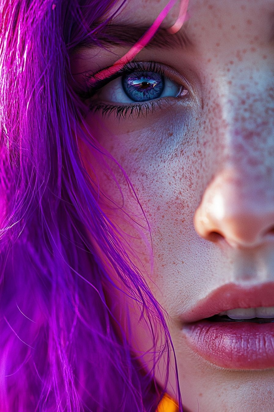 AI generated: Midjourney prompt: A close-up portrait of a woman with vibrant purple... (Midjourney - Portraits)