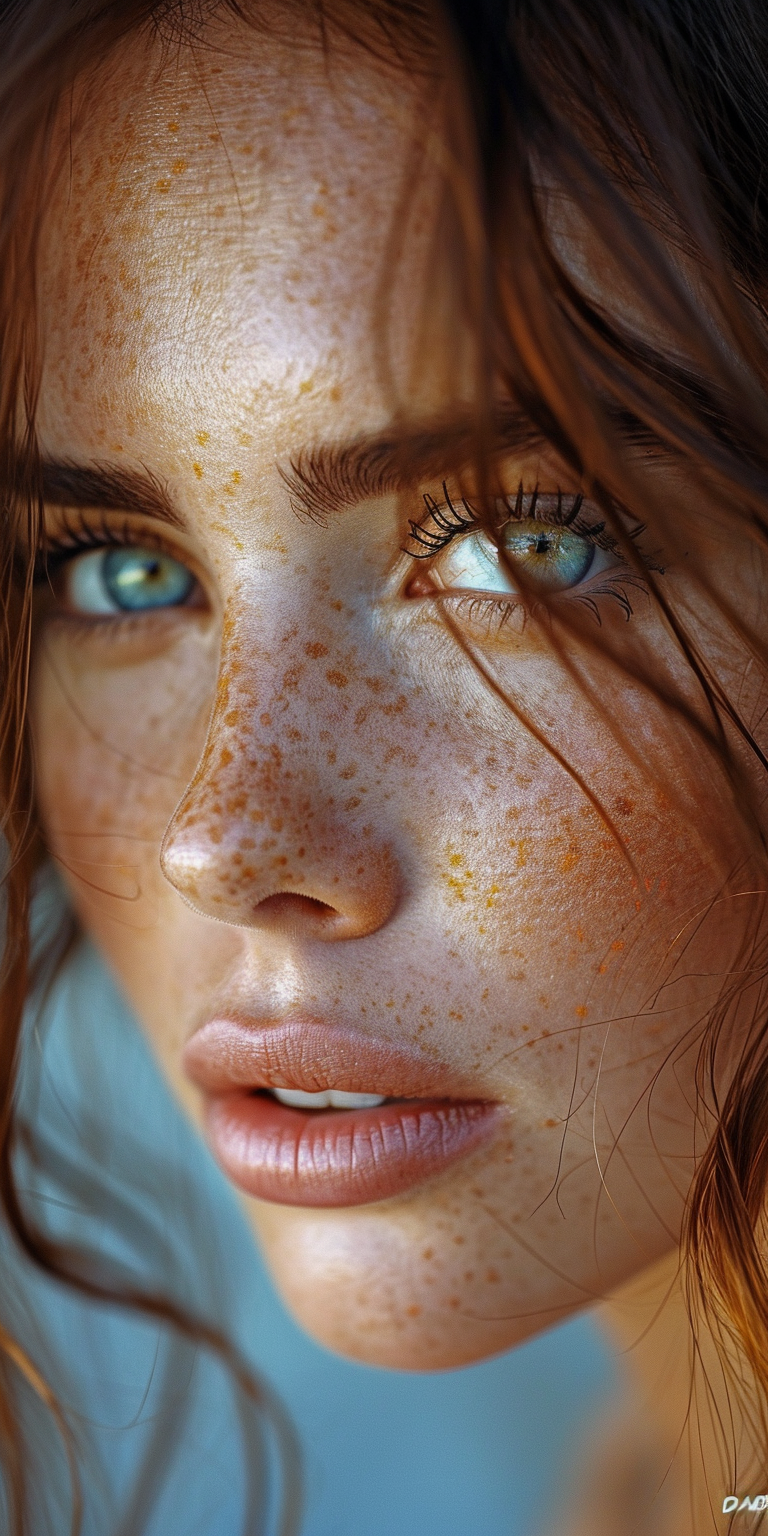 Midjourney prompt: a close up image of a woman with freckles on her n... - Midjourney