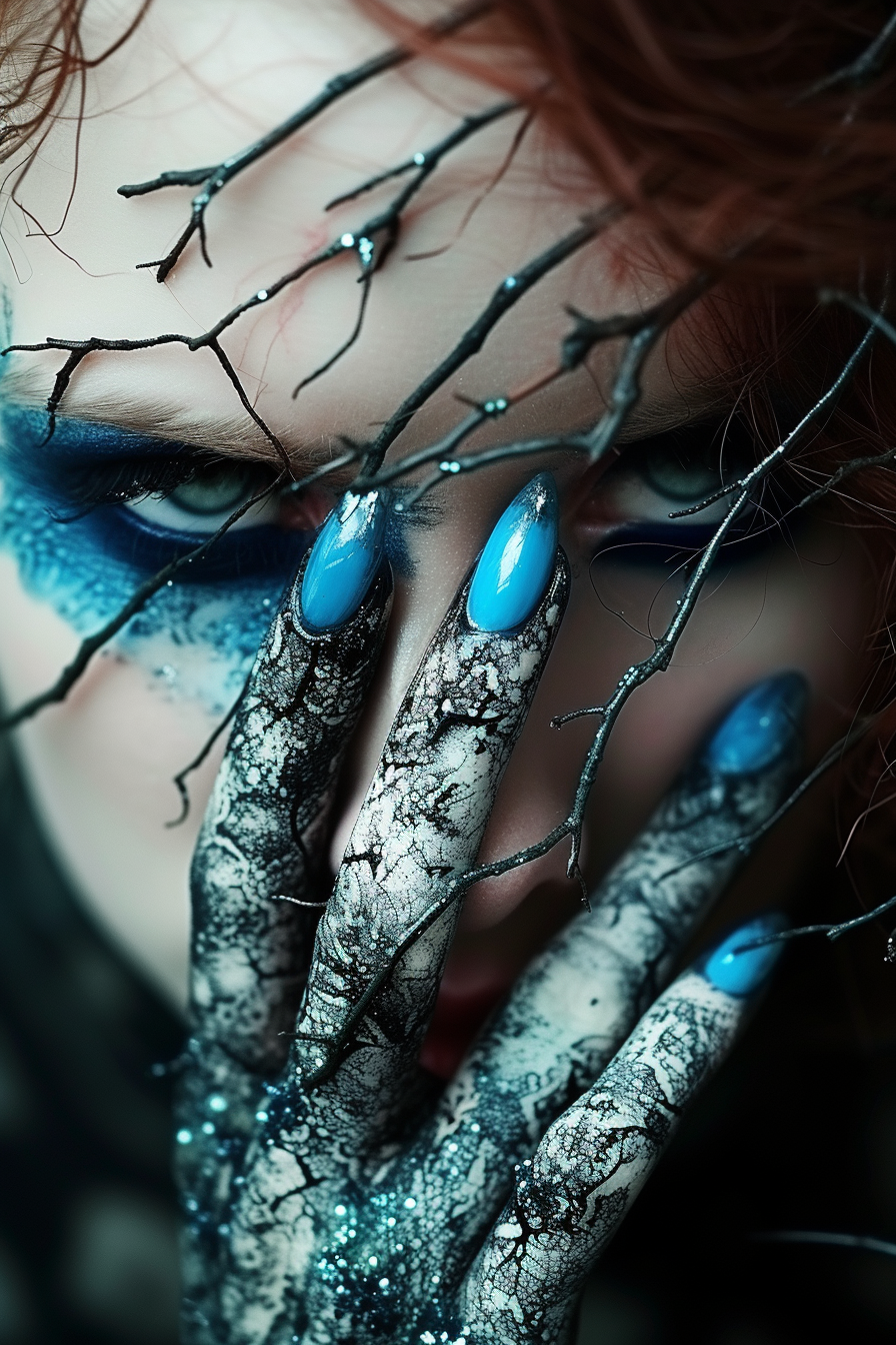 AI generated: Midjourney prompt: a woman with blue nails and paint on , in the styl... (Midjourney - Portraits)
