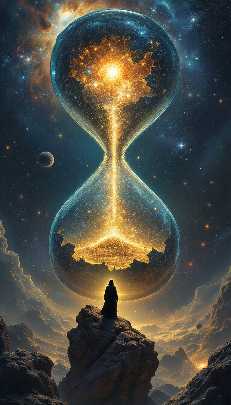 FLUX prompt: A **massive, ancient hourglass** floats in the hea... - FLUX