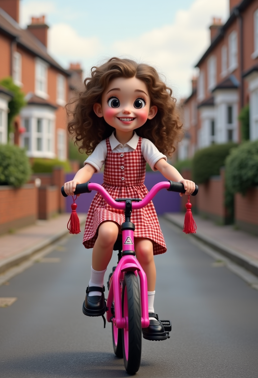 صورة مولدة بالذكاء الاصطناعي: FLUX prompt: Create a realistic image of a young girl riding a ... (نموذج FLUX - Character Design)