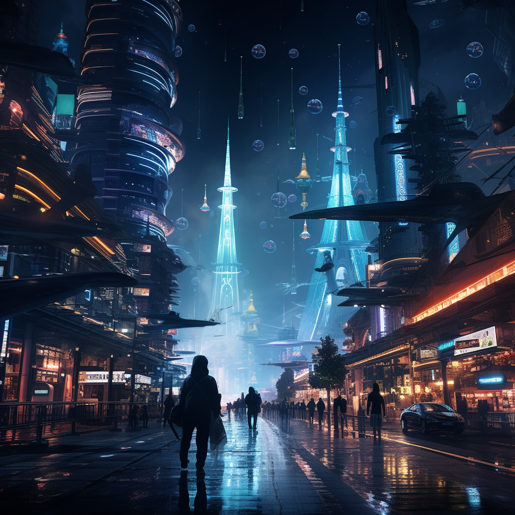 صورة مولدة بالذكاء الاصطناعي: Midjourney prompt: a photo of futuristic city at night (نموذج Midjourney - عمارة وتصميم)