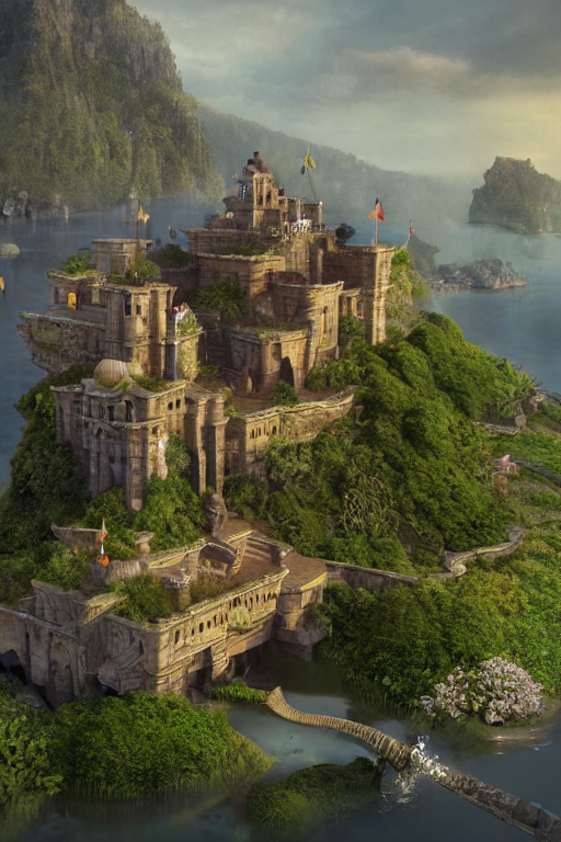 Stable Diffusion prompt: Indian castle surrounded by wate...