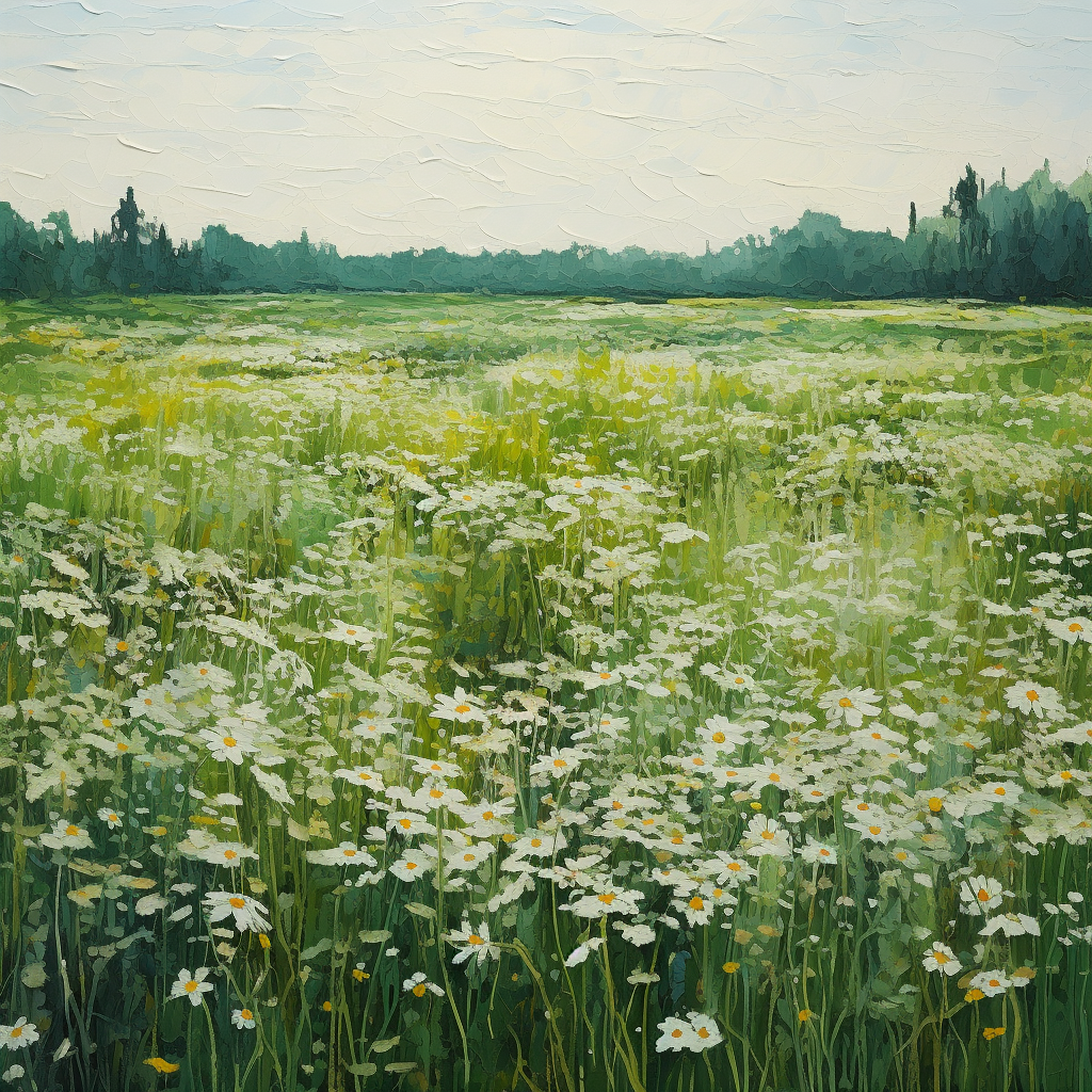 صورة مولدة بالذكاء الاصطناعي: Midjourney prompt: a field with flowers in it, in the style of dark... (نموذج Midjourney - مناظر طبيعية)