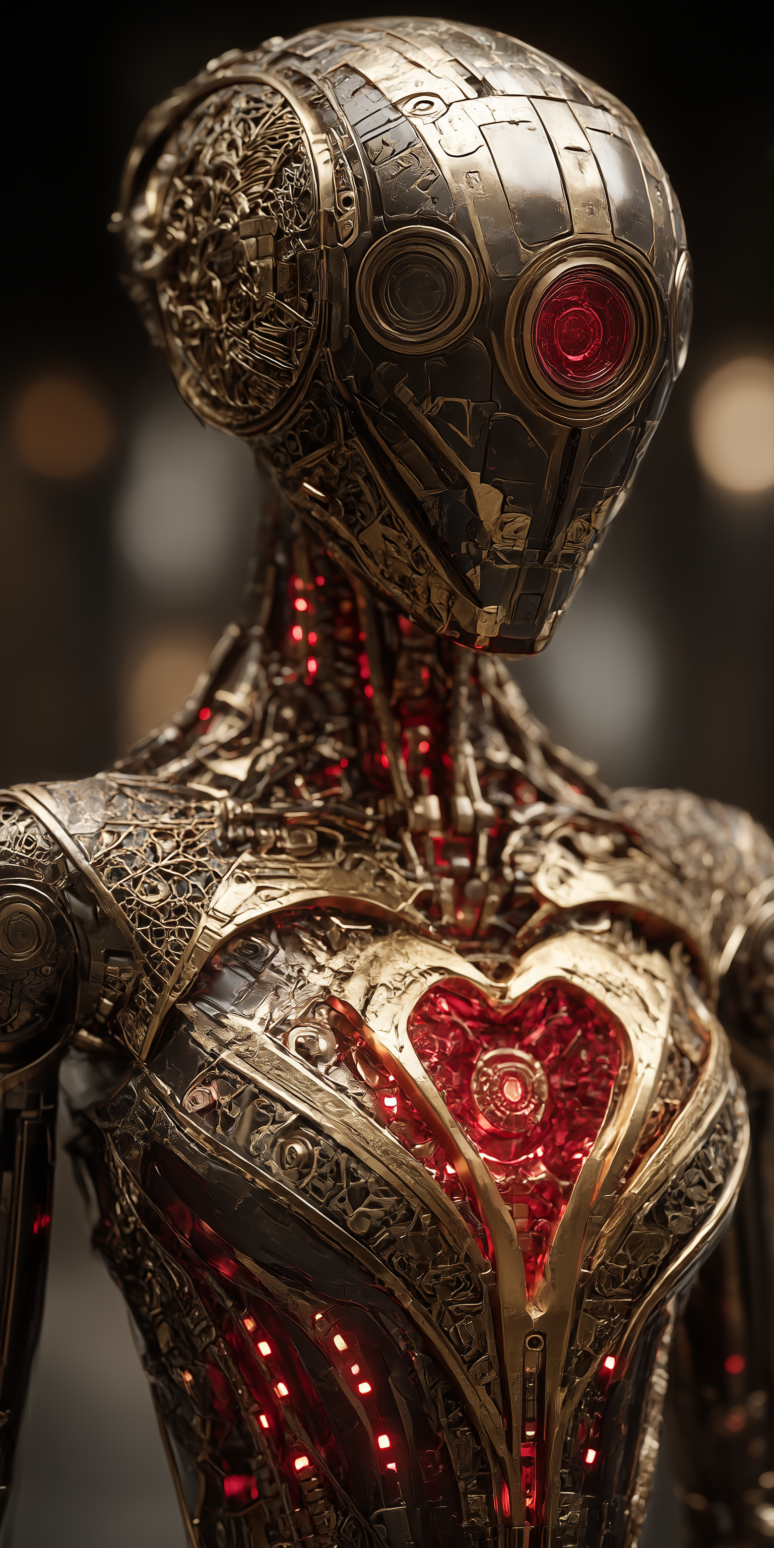 Midjourney prompt: A female robot with red eyes, a chest full of mech... - Midjourney