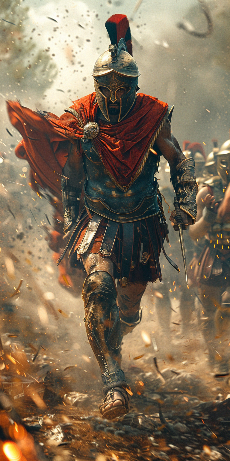 AI generated: Midjourney prompt: a spartan in full battle gear running in the field... (Midjourney - Character Design)