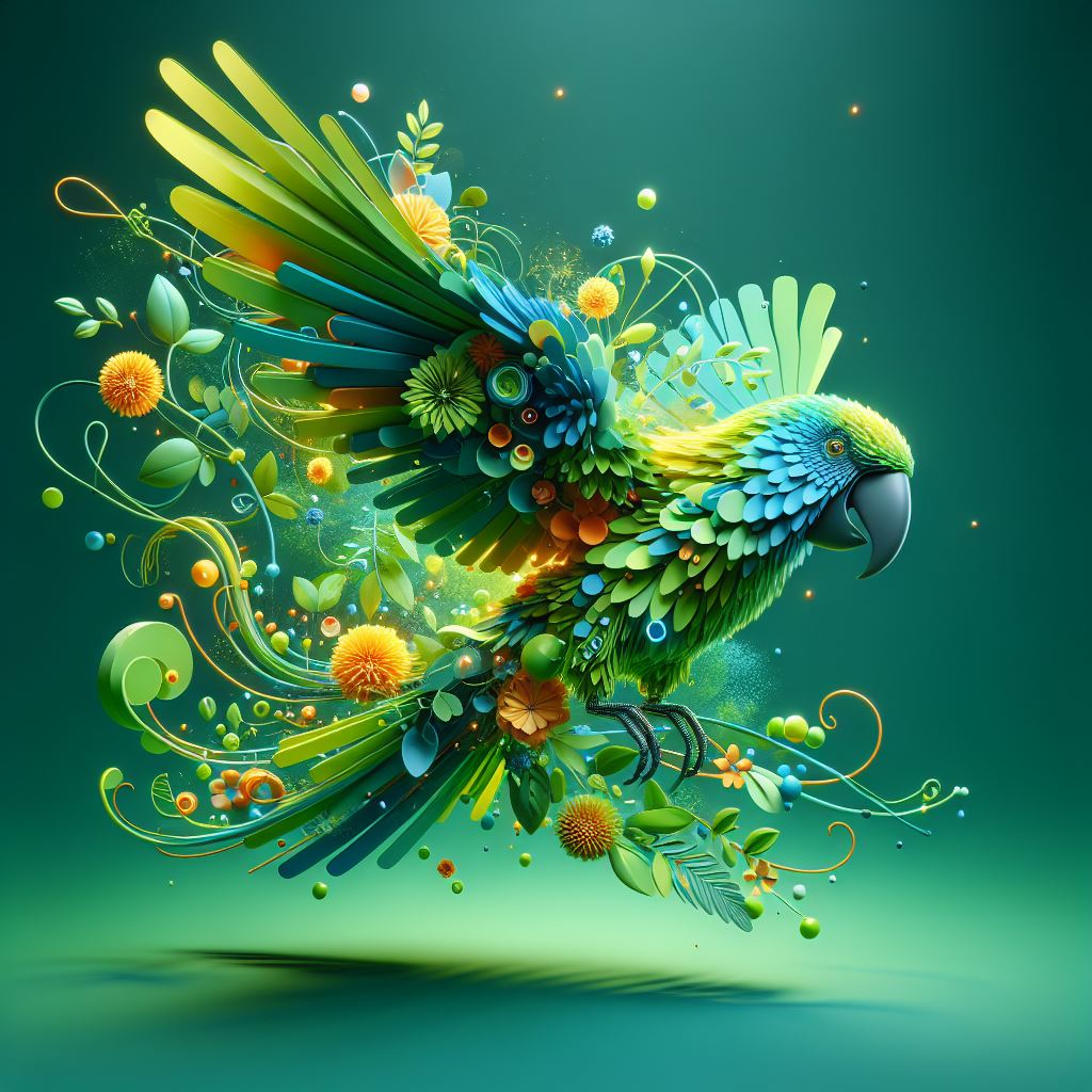 AI generated: DALL·E prompt: abstract 3D shape flying parot, foliage and flower... (DALL·E - Concept Art)