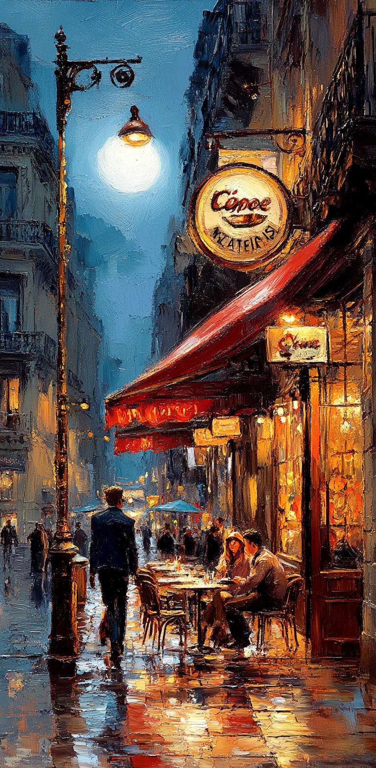 AI generated: Midjourney prompt: oil painting of night street with cafe in the styl... (Midjourney - Concept Art)
