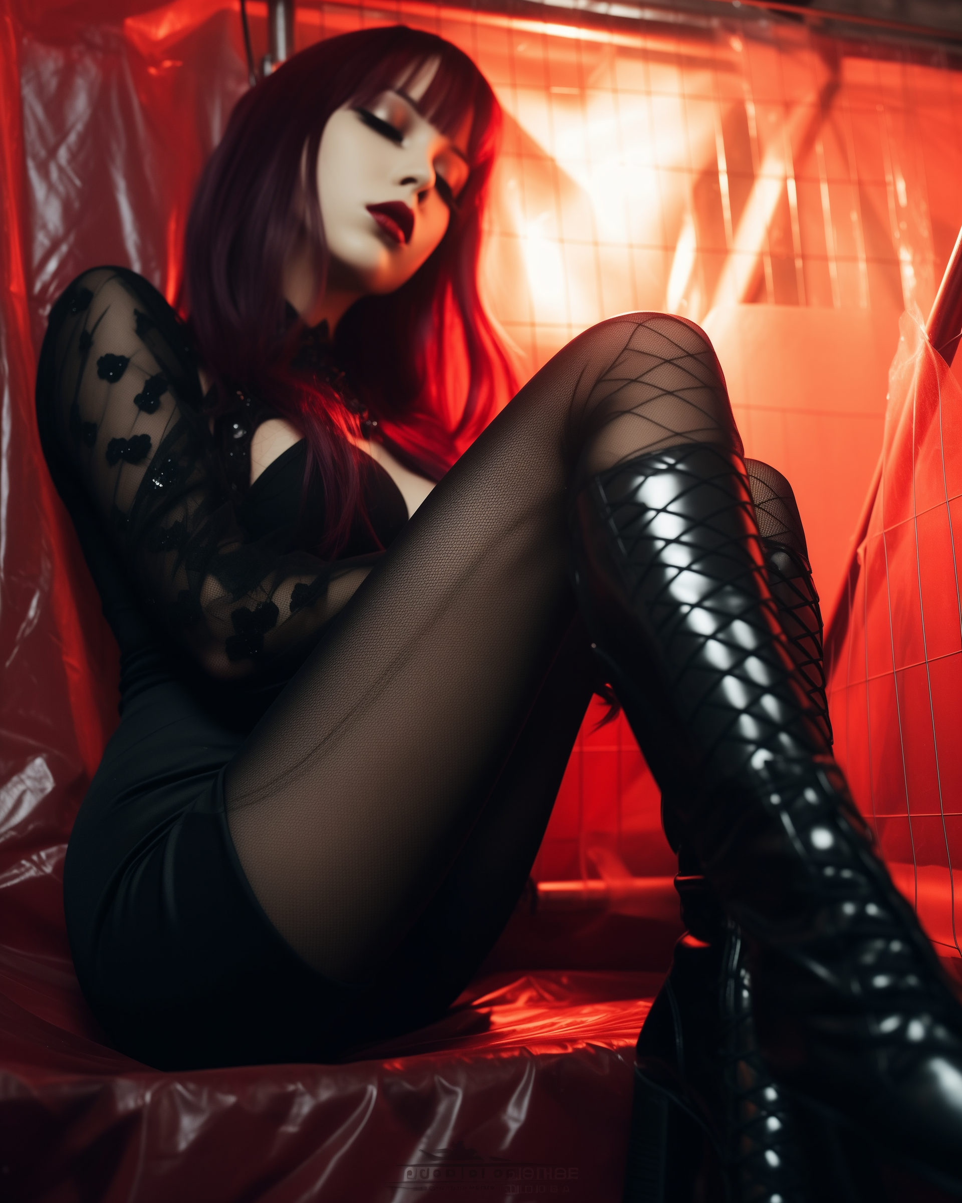 AI generated: Midjourney prompt: black latex high heels, fishnets, over the knee bo... (Midjourney - Fashion)