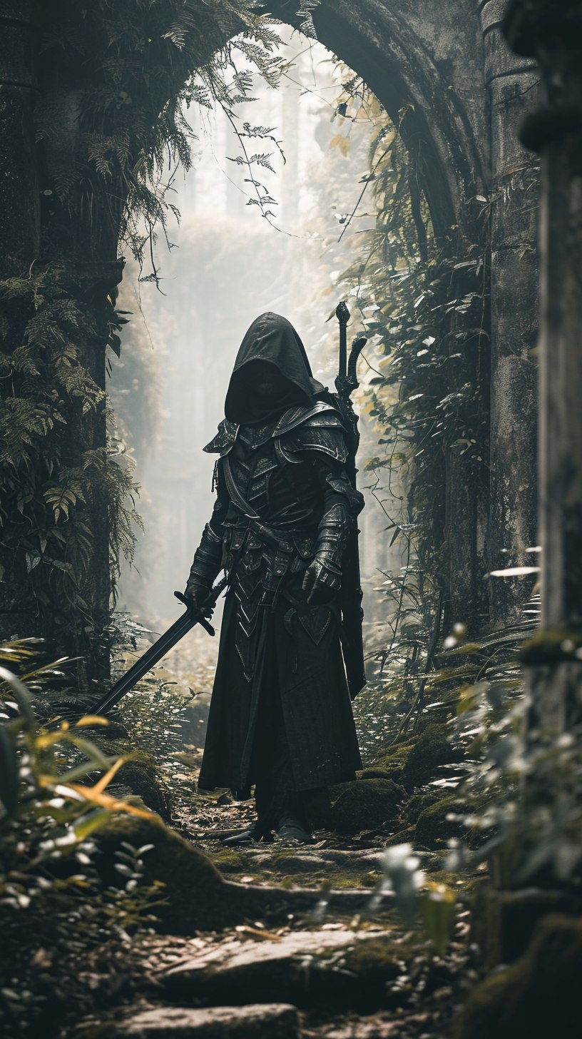 AI generated: Midjourney prompt: The photo shows a figure in dark armor and hood ho... (Midjourney - Portraits)