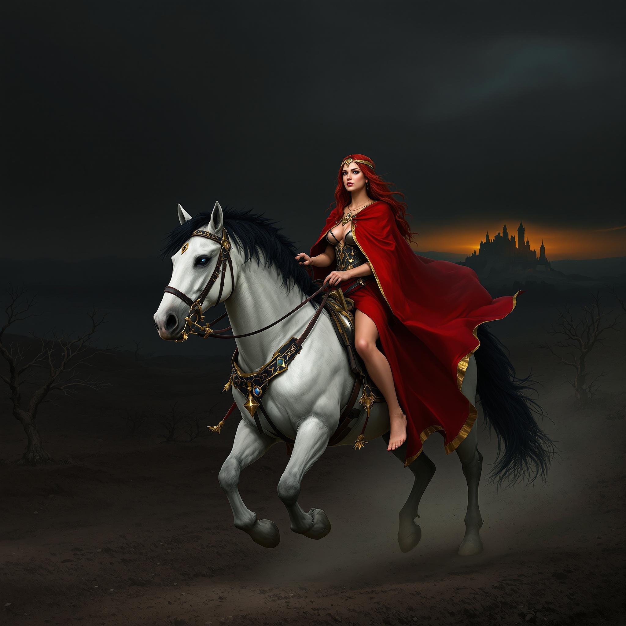 FLUX prompt: a woman in a red cape riding a white horse t...