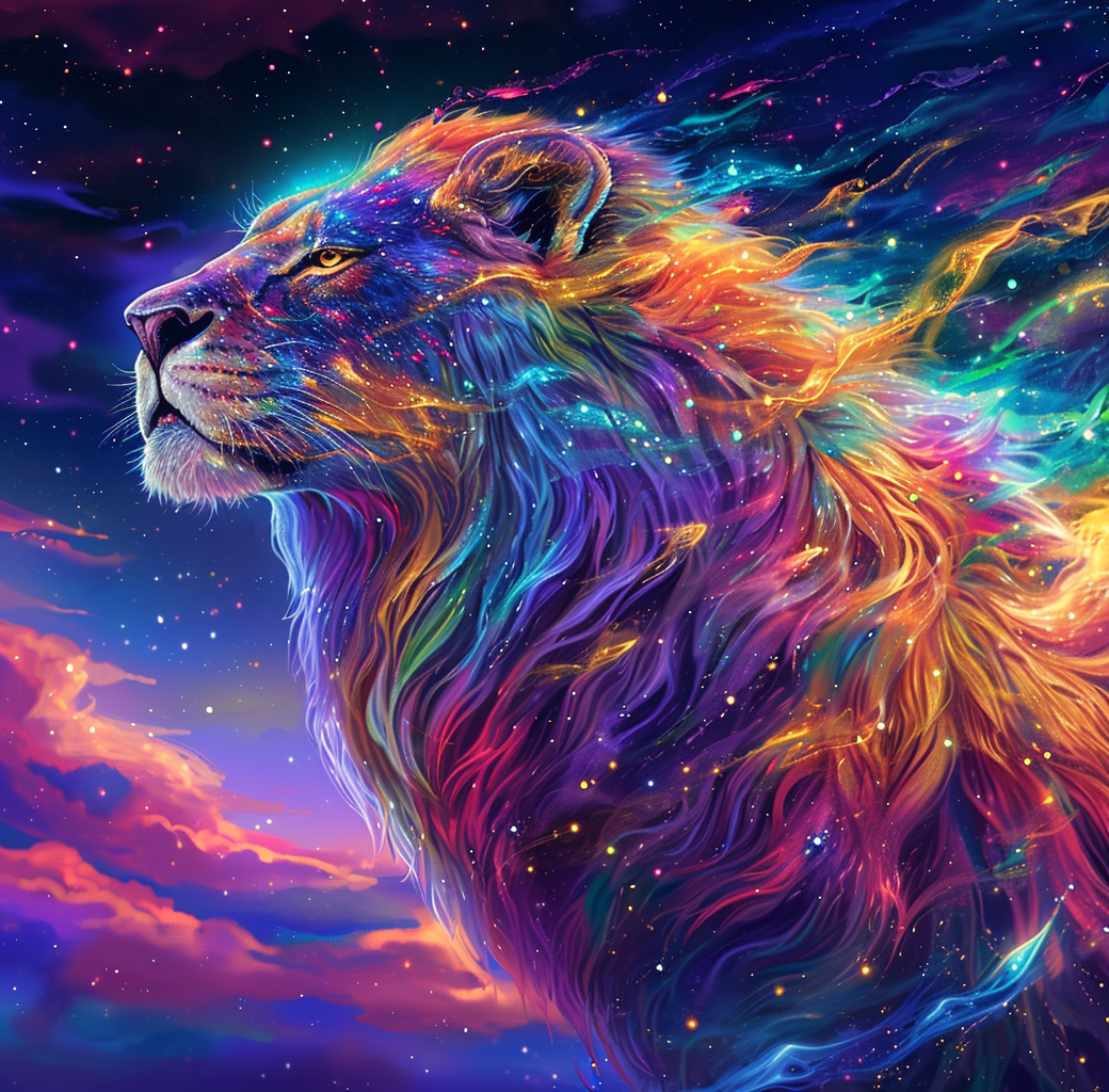 Midjourney prompt: the painting of a colorful space lion, in the styl... - Midjourney