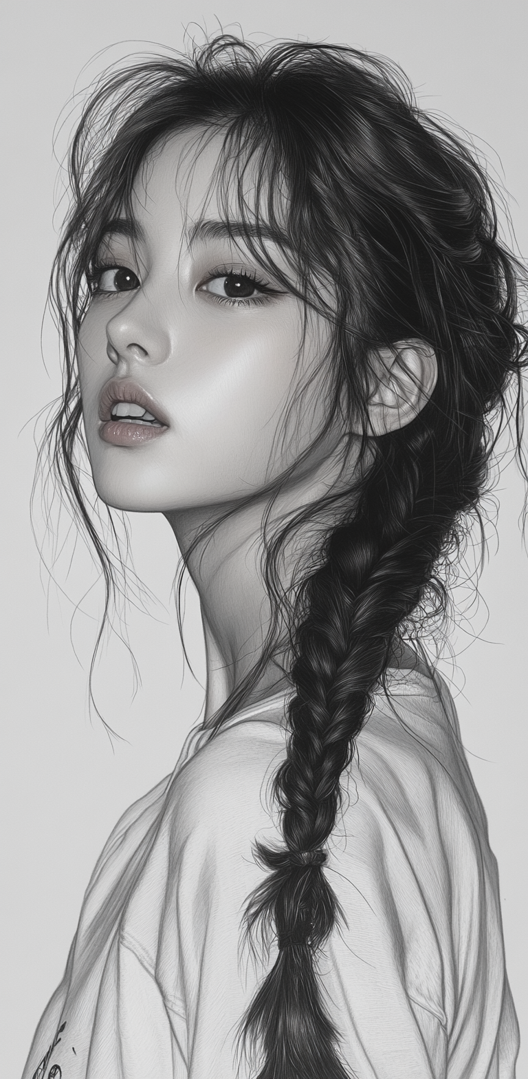 Midjourney prompt: A pencil sketch of an Asian woman with her hair in... - Midjourney