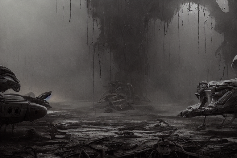 Stable Diffusion prompt: huge abandoned alien tech, gloom...