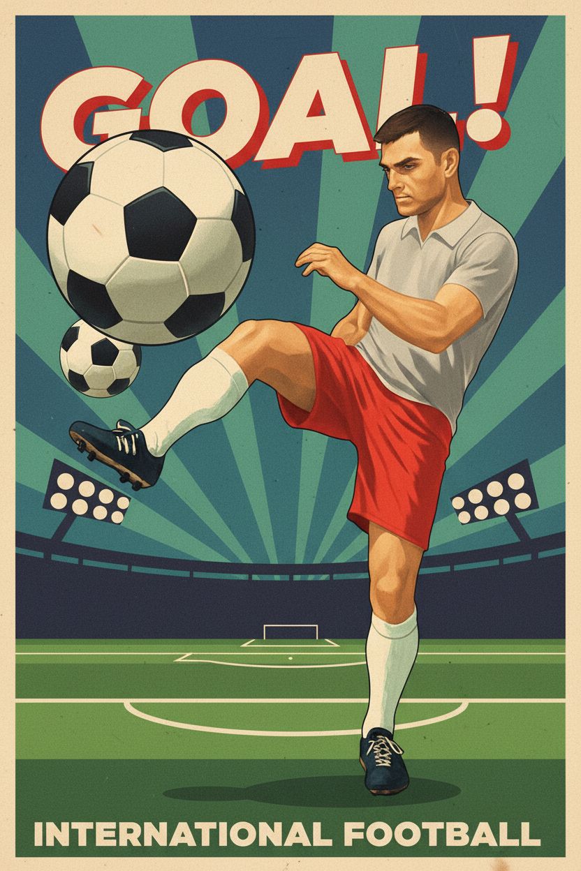 صورة مولدة بالذكاء الاصطناعي: Nano Banana prompt: Poster style, retro sports illustration. A soccer ... (نموذج Nano Banana - فن مفاهيمي)