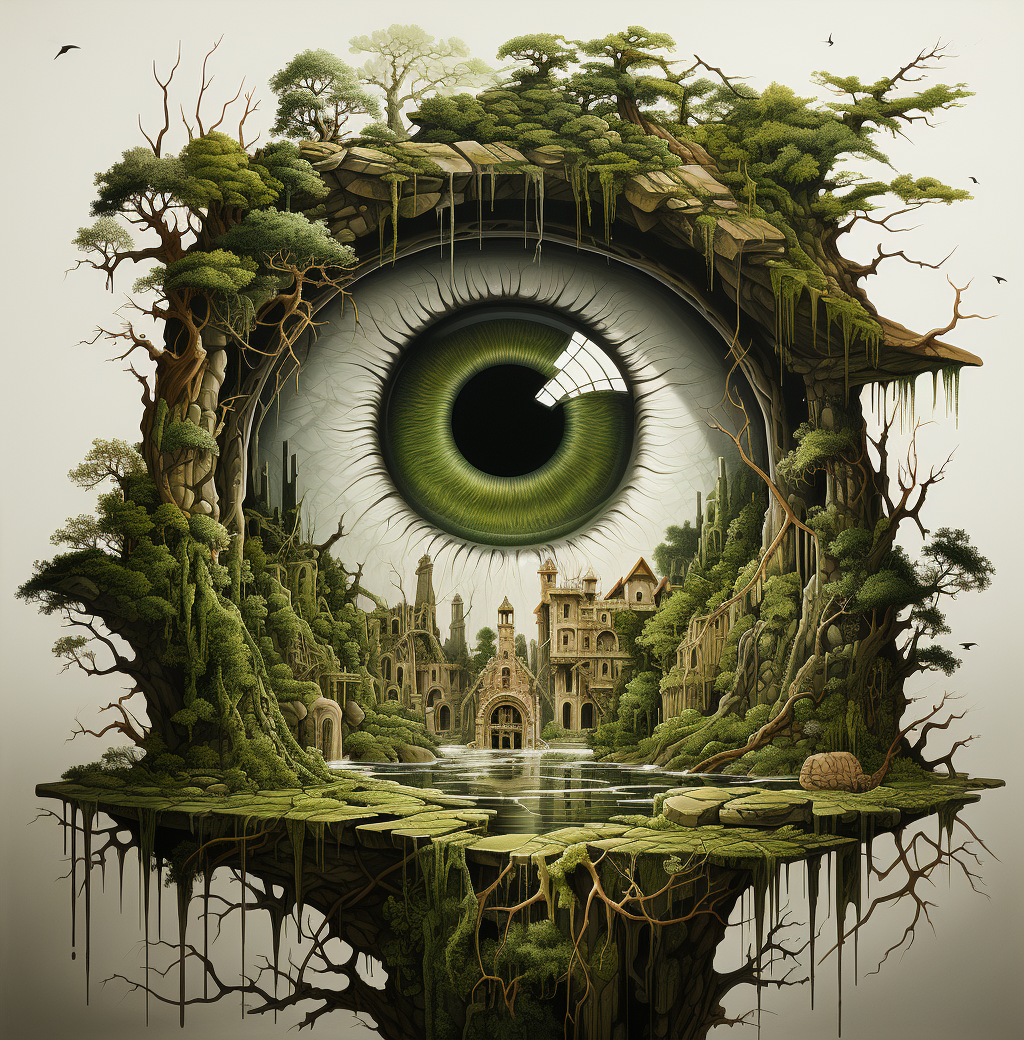 AI generated: Midjourney prompt: a very large eye in the trees with trees around, i... (Midjourney - Concept Art)