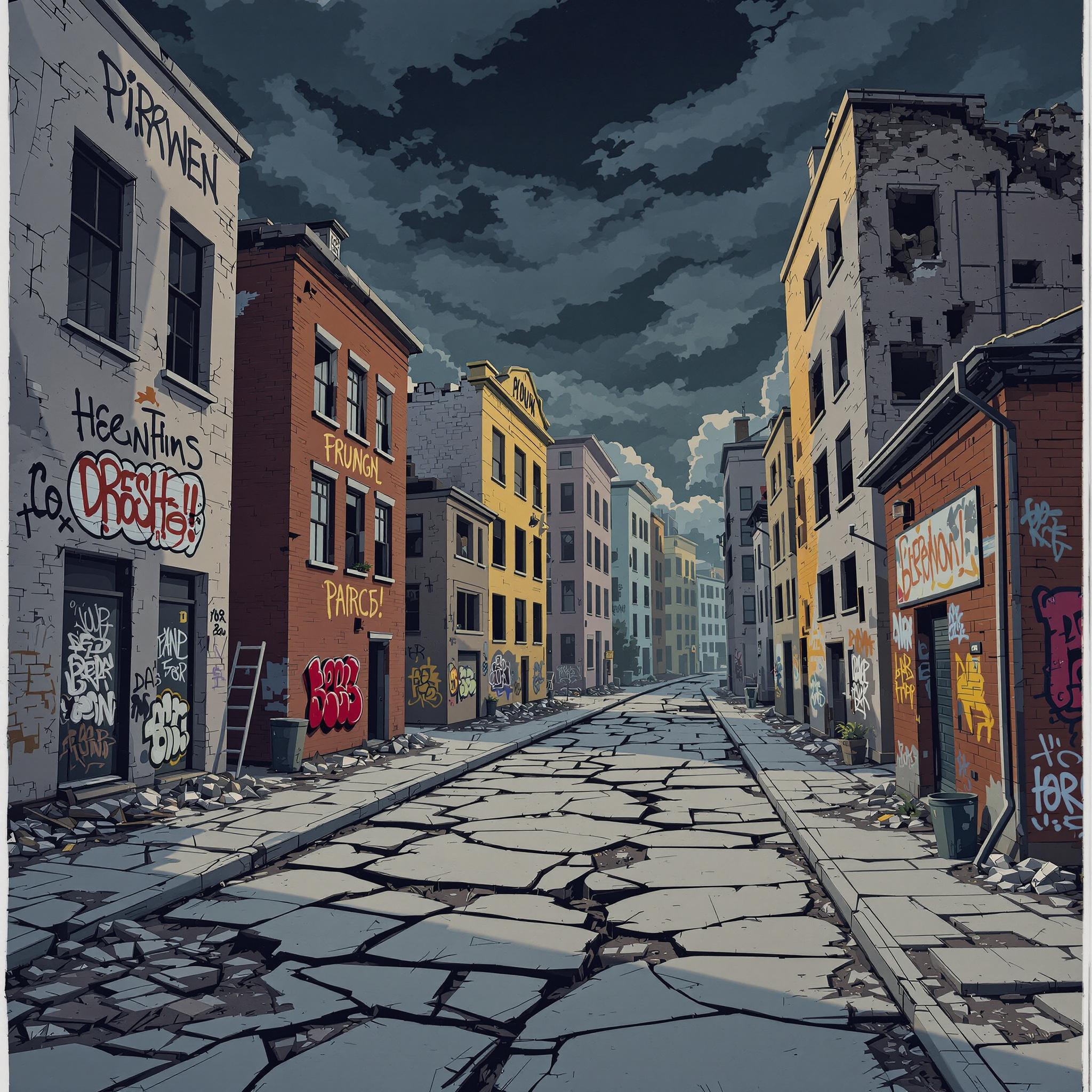 FLUX prompt: 3d illustrated destroyed urban street buildi...