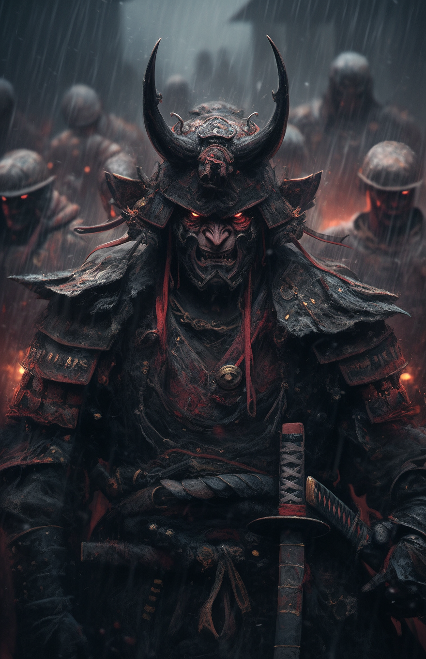 AI generated: Midjourney prompt: Samurai looks at the enemy, stands after the battl... (Midjourney - Anime)