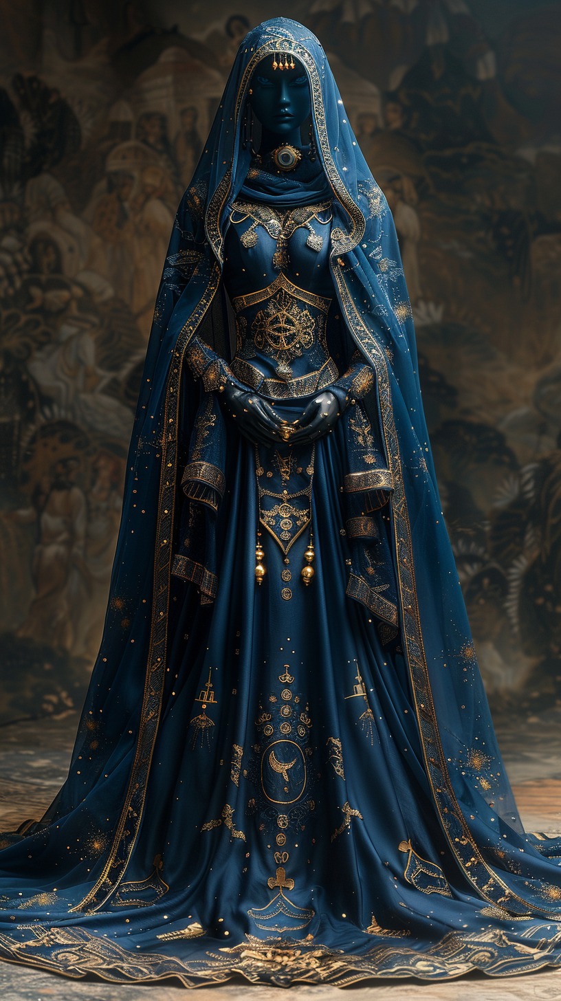 Midjourney prompt: blue and gold cosplay, in the style of xu beihong,... - Midjourney