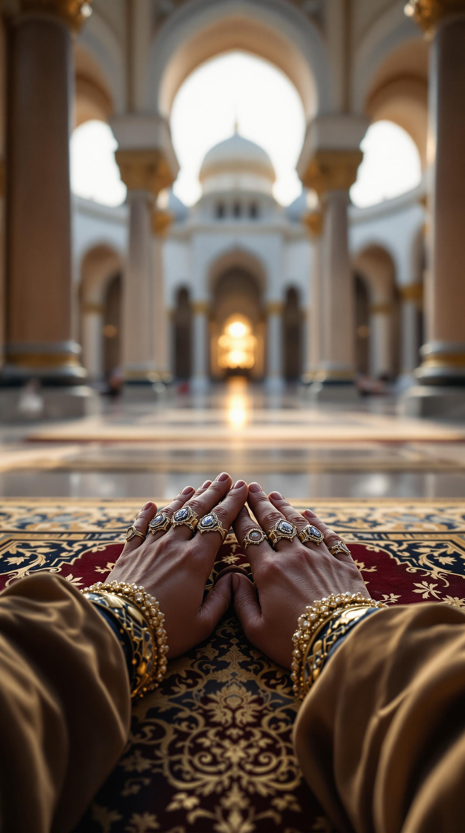 FLUX prompt: First person POV, the Sultan’s hands, adorned with... - FLUX