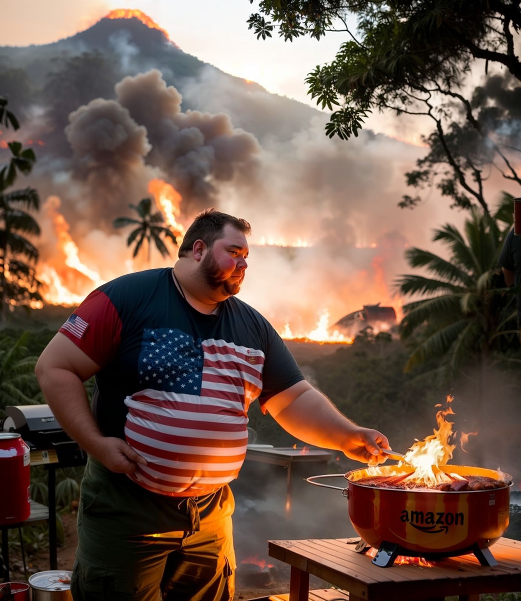 AI generated: Deliberate prompt: A fat American man lighting a BBQ with a (red can ... (Deliberate - Concept Art)