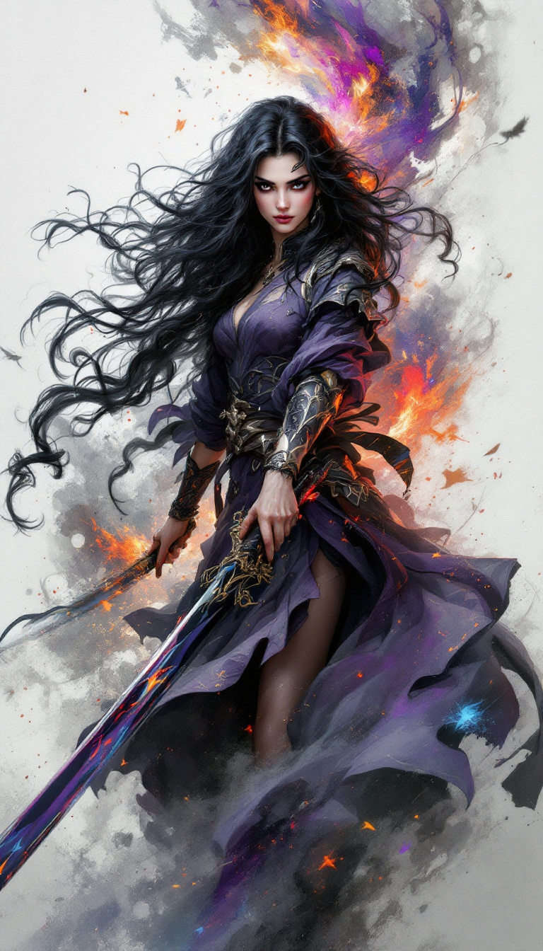 FLUX prompt: 1 woman, double bladed sword, long curly hair, jet... - FLUX