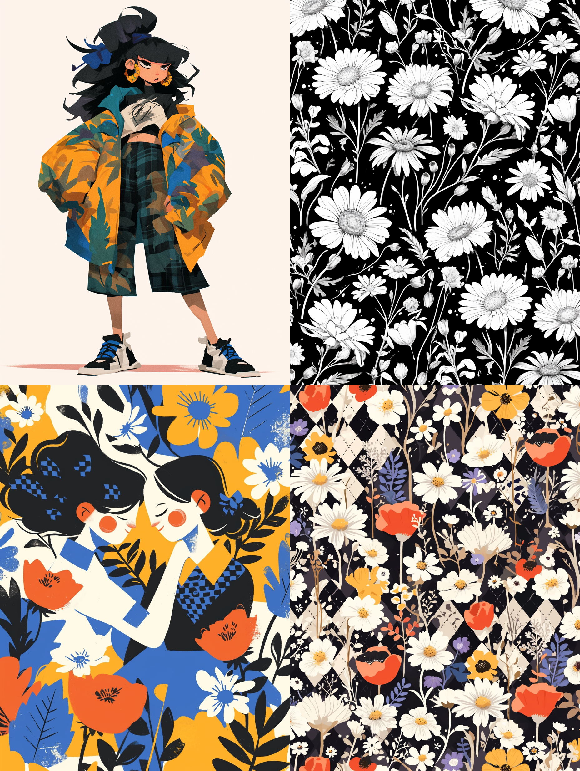 صورة مولدة بالذكاء الاصطناعي: Midjourney prompt: argyle + daisy+ poppy+ marigolds pattern. bright j... (نموذج Midjourney - Logo Icon Design)