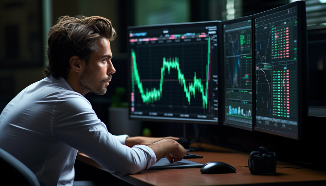 صورة مولدة بالذكاء الاصطناعي: Midjourney prompt: A 28 years old casual man professional trader sit ... (نموذج Midjourney - تصوير فوتوغرافي)