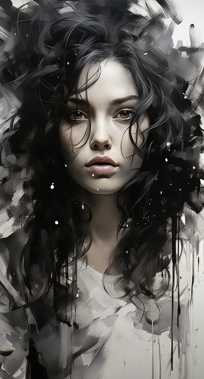 Midjourney prompt: black and white painting of a women in white with ... - Midjourney