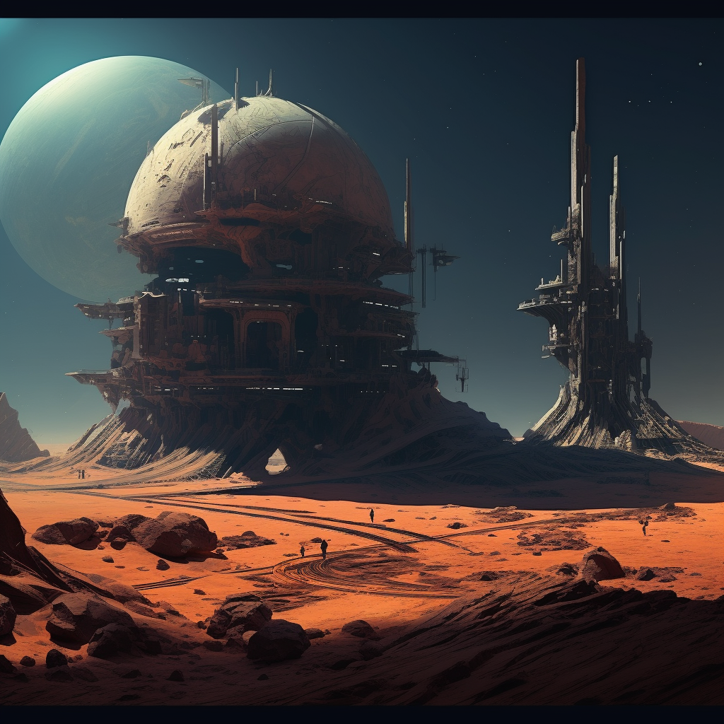 صورة مولدة بالذكاء الاصطناعي: Midjourney prompt: Alien machinery, alien ruins, sci fi, science outp... (نموذج Midjourney - مناظر طبيعية)