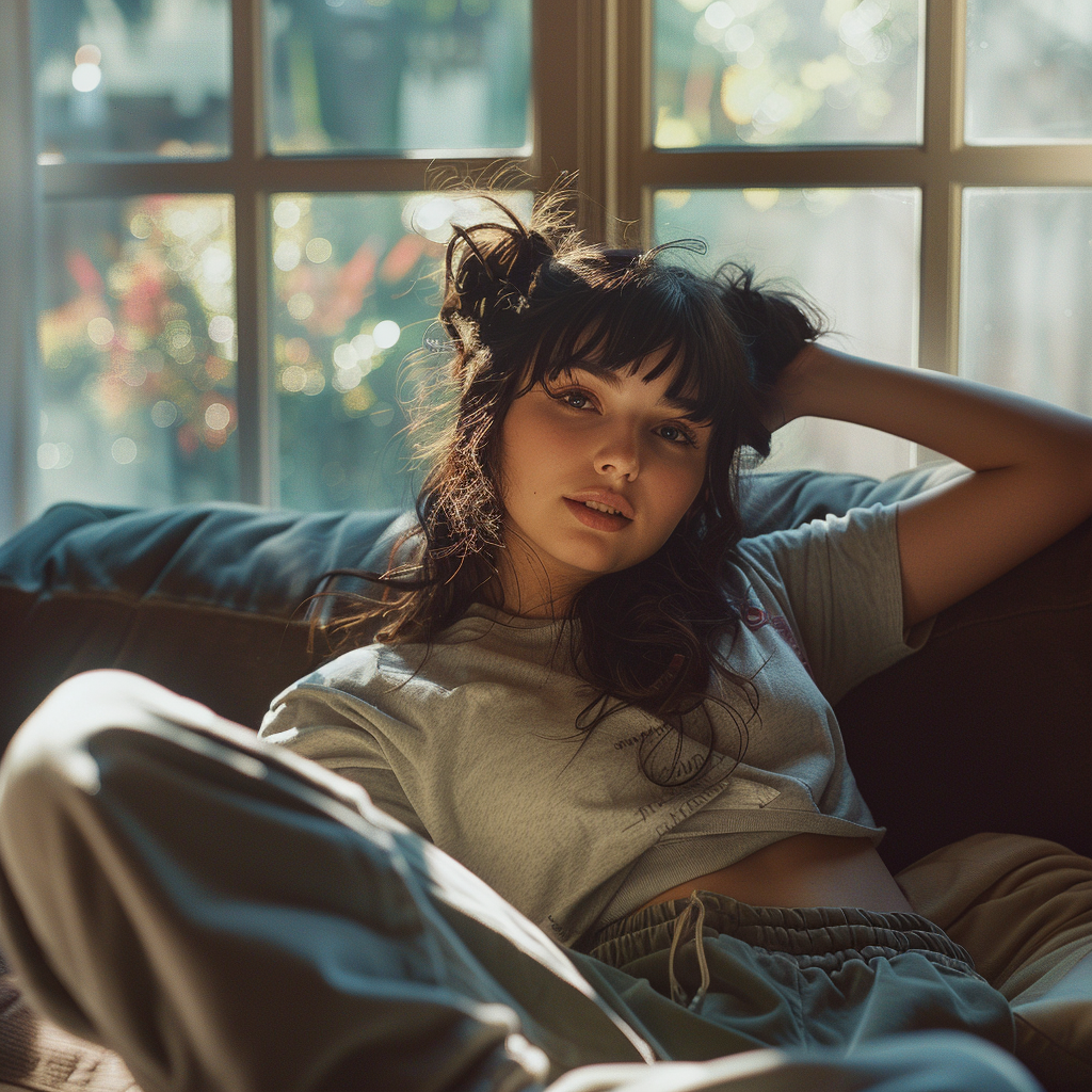 Midjourney prompt: cute woman, dark hair, bangs, messy pigtails, wear... - Midjourney